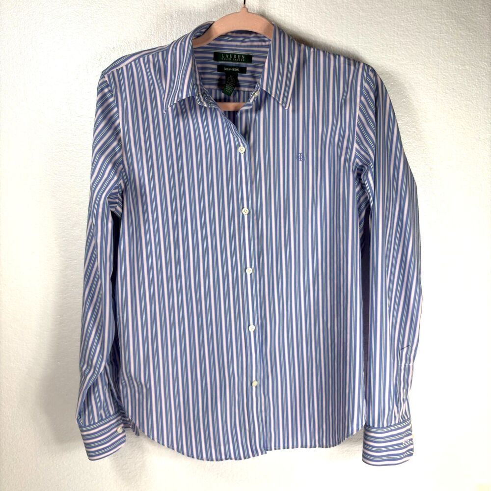 Lauren Ralph Lauren Womens Non-iron Button-Down Blue Stripe Shirt Blouse Medium